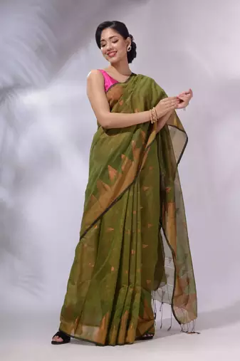 Moss Green Tissue Handwoven Soft Saree With Geometric Designs