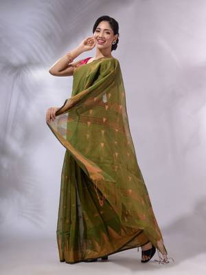 Moss Green Tissue Handwoven Soft Saree With Geometric Designs 3