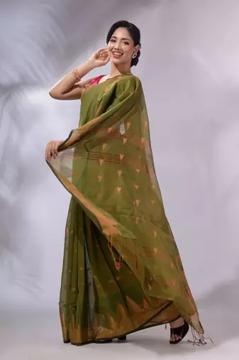 Moss Green Tissue Handwoven Soft Saree With Geometric Designs