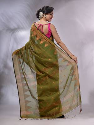 Moss Green Tissue Handwoven Soft Saree With Geometric Designs 4