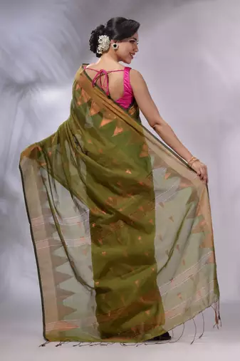 Moss Green Tissue Handwoven Soft Saree With Geometric Designs