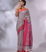 Light Grey Cotton Handspun Handwoven Saree With Stripe Design