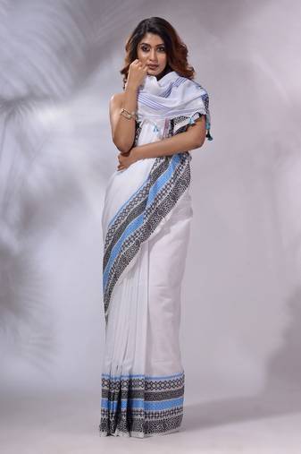 White Cotton Handwoven Saree With Texture Borders