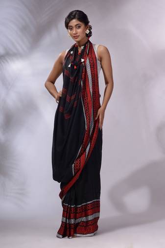 Black Cotton Handwoven Saree With Texture Borders