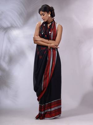 Black Cotton Handwoven Saree With Texture Borders 2