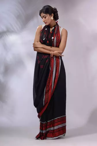 Black Cotton Handwoven Saree With Texture Borders