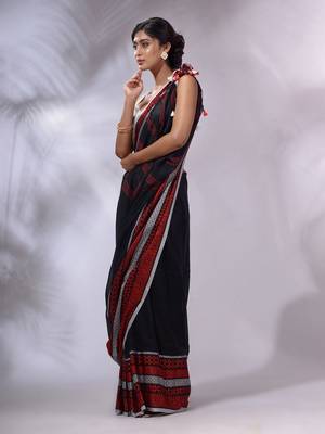 Black Cotton Handwoven Saree With Texture Borders 3