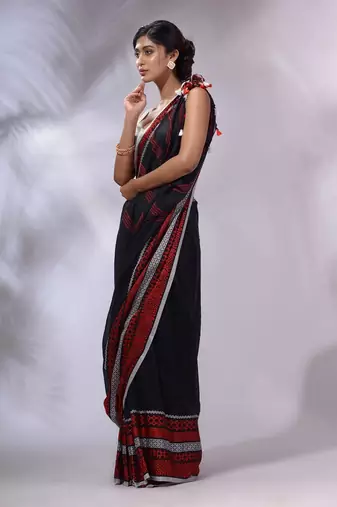 Black Cotton Handwoven Saree With Texture Borders