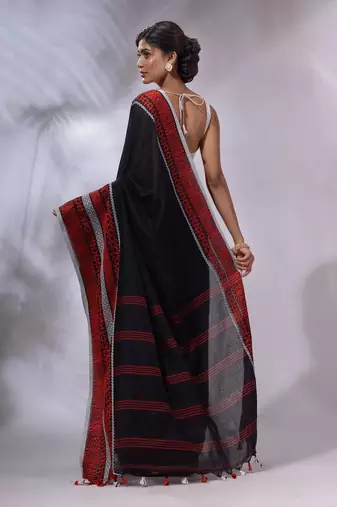 Black Cotton Handwoven Saree With Texture Borders
