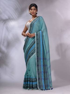 Sea Green Cotton Handwoven Saree With Texture Borders 1