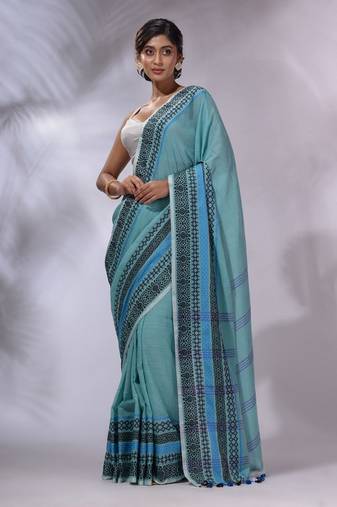 Sea Green Cotton Handwoven Saree With Texture Borders
