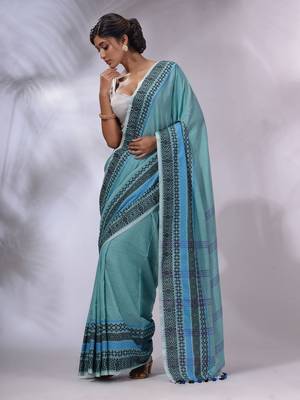 Sea Green Cotton Handwoven Saree With Texture Borders 2