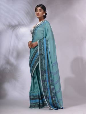 Sea Green Cotton Handwoven Saree With Texture Borders 3