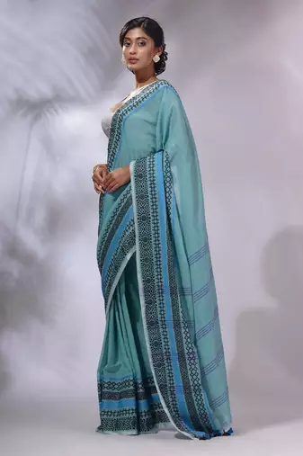 Sea Green Cotton Handwoven Saree With Texture Borders
