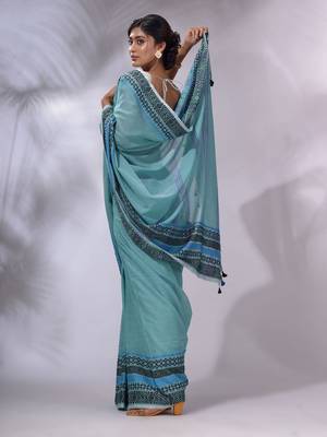 Sea Green Cotton Handwoven Saree With Texture Borders 4