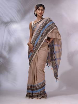 Beige Cotton Handwoven Saree With Texture Borders 1