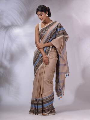 Beige Cotton Handwoven Saree With Texture Borders 2
