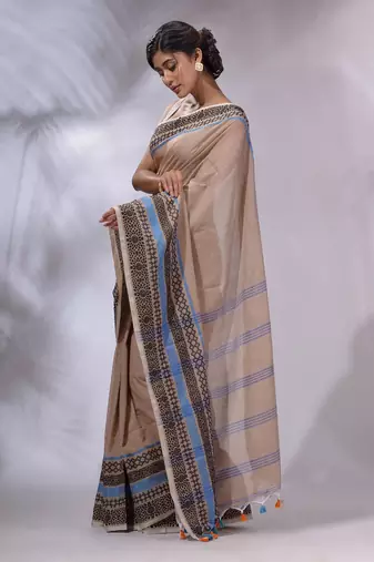 Beige Cotton Handwoven Saree With Texture Borders