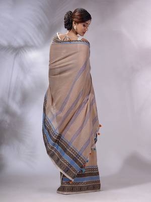 Beige Cotton Handwoven Saree With Texture Borders 4