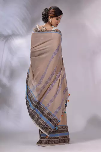 Beige Cotton Handwoven Saree With Texture Borders