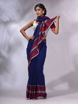 Blue Cotton Handwoven Saree With Texture Borders 1
