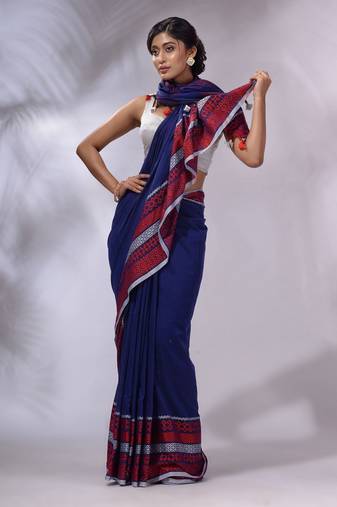 Blue Cotton Handwoven Saree With Texture Borders