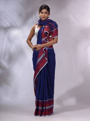 Blue Cotton Handwoven Saree With Texture Borders 2