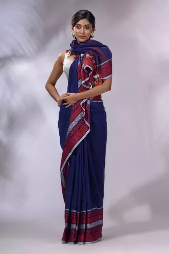 Blue Cotton Handwoven Saree With Texture Borders