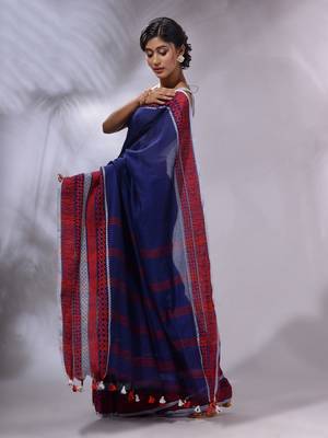 Blue Cotton Handwoven Saree With Texture Borders 3