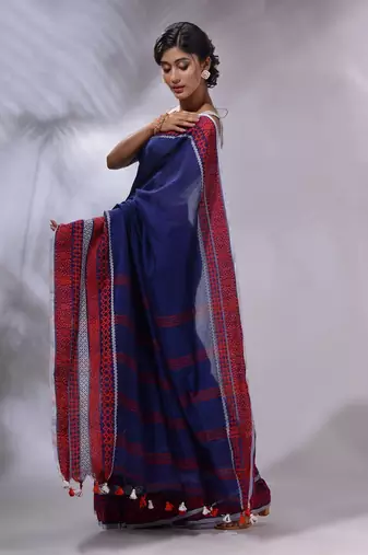 Blue Cotton Handwoven Saree With Texture Borders