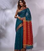 Teal Handwoven Cotton Silk Saree With Geometric Designs