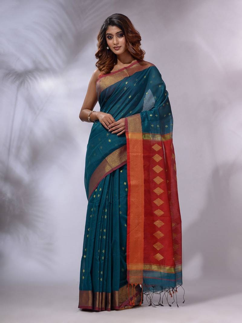 Teal Handwoven Cotton Silk Saree With Geometric Designs