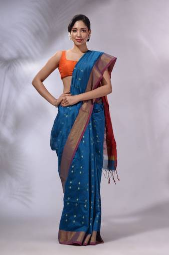 Sapphire Blue Handwoven Cotton Silk Saree With Geometric Designs