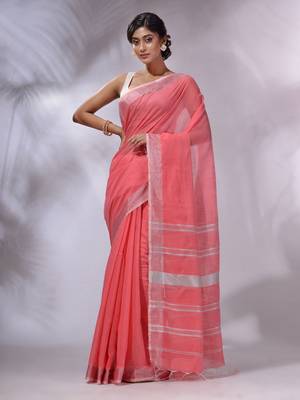 Flamingo Pink Cotton Silk Handwoven Saree With Zari Woven Stripes Pallu 1