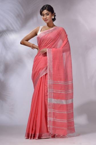 Flamingo Pink Cotton Silk Handwoven Saree With Zari Woven Stripes Pallu