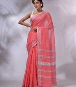 Flamingo Pink Cotton Silk Handwoven Saree With Zari Woven Stripes Pallu