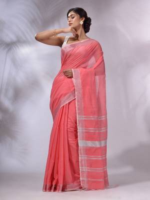 Flamingo Pink Cotton Silk Handwoven Saree With Zari Woven Stripes Pallu 2