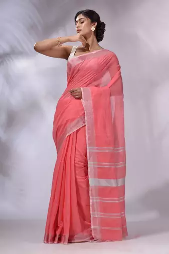 Flamingo Pink Cotton Silk Handwoven Saree With Zari Woven Stripes Pallu