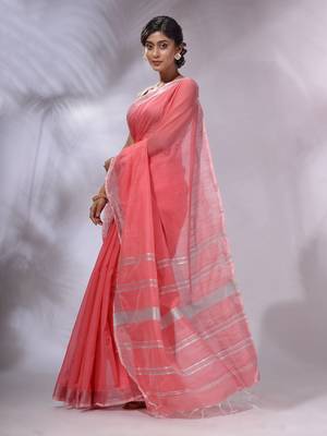 Flamingo Pink Cotton Silk Handwoven Saree With Zari Woven Stripes Pallu 3