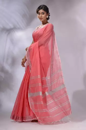 Flamingo Pink Cotton Silk Handwoven Saree With Zari Woven Stripes Pallu