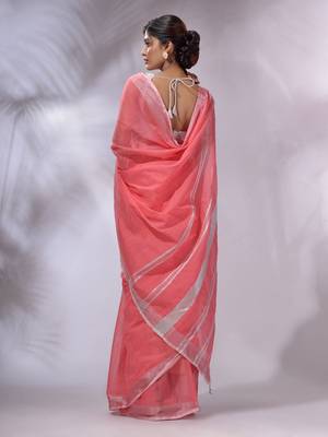 Flamingo Pink Cotton Silk Handwoven Saree With Zari Woven Stripes Pallu 4