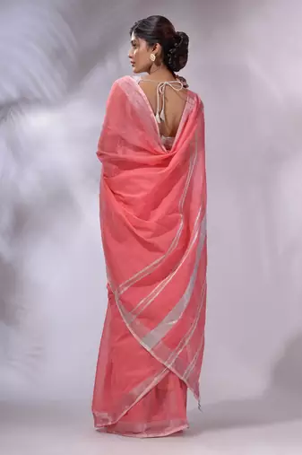 Flamingo Pink Cotton Silk Handwoven Saree With Zari Woven Stripes Pallu