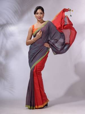 Teal And Red Cotton Handwoven Patli Pallu Saree 1