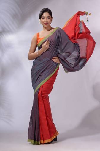 Teal And Red Cotton Handwoven Patli Pallu Saree
