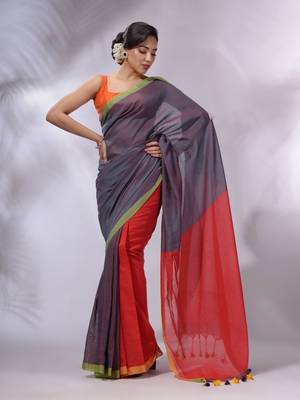 Teal And Red Cotton Handwoven Patli Pallu Saree 2