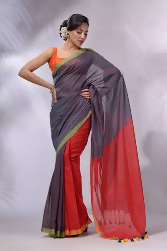Teal And Red Cotton Handwoven Patli Pallu Saree