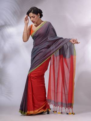 Teal And Red Cotton Handwoven Patli Pallu Saree 3