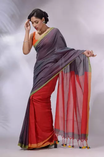 Teal And Red Cotton Handwoven Patli Pallu Saree