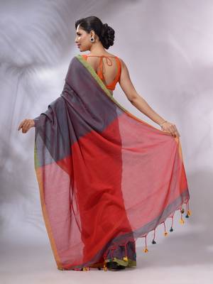Teal And Red Cotton Handwoven Patli Pallu Saree 4