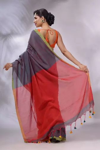 Teal And Red Cotton Handwoven Patli Pallu Saree